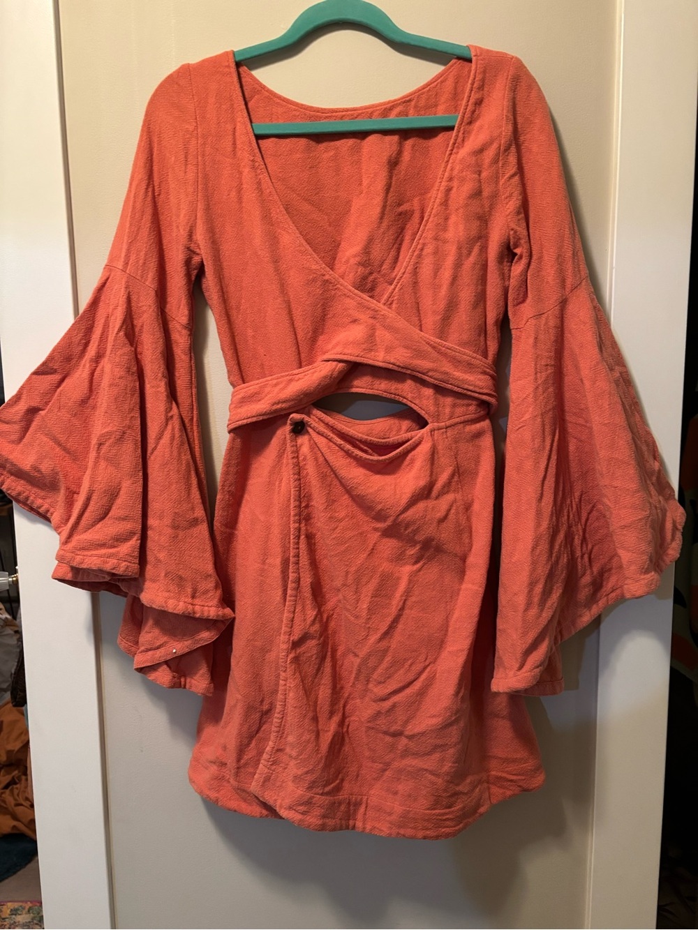 Free People Coral/Salmon wrap dress with bell sleeves